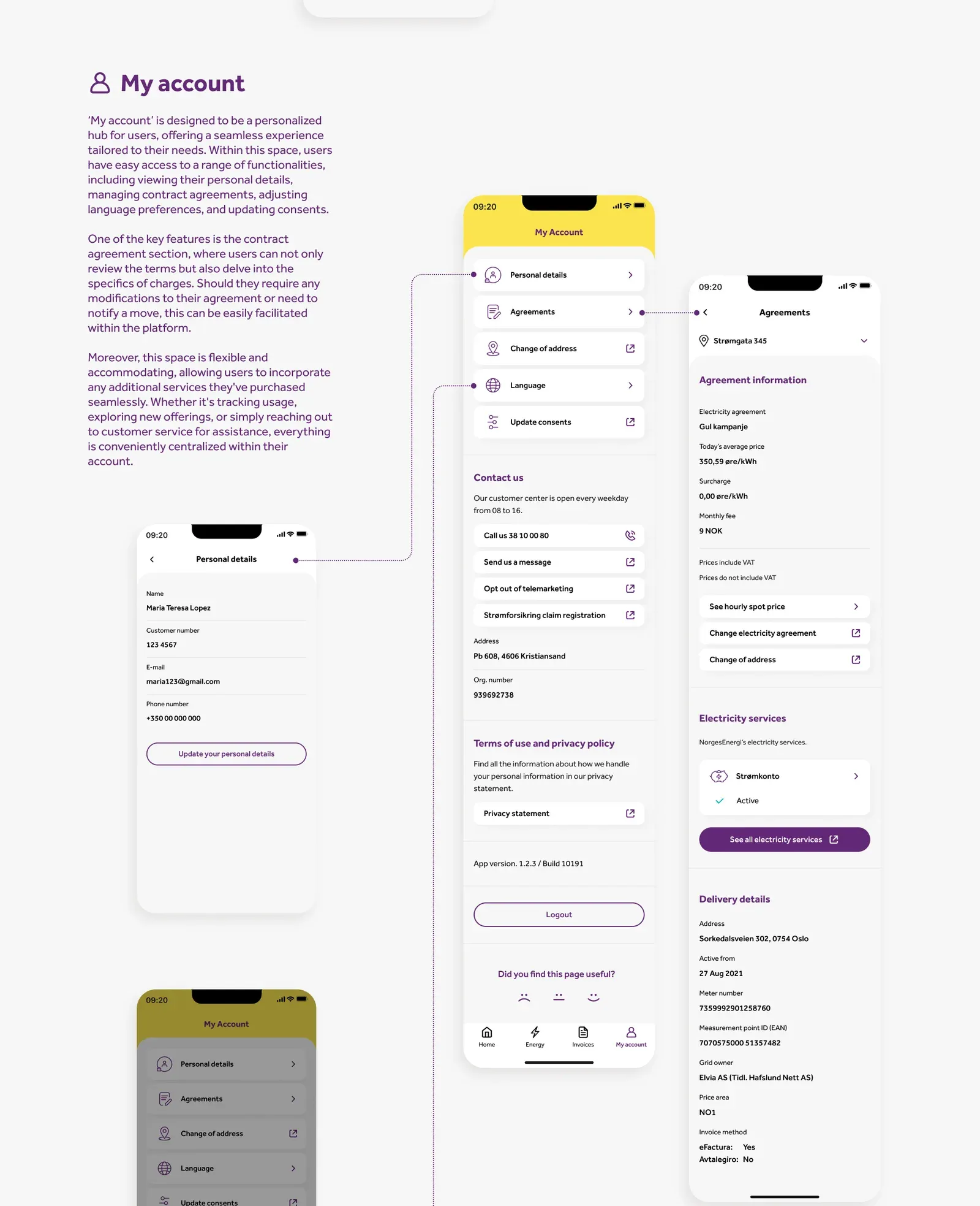 The my account screens, with annotations on agreements, language and consents