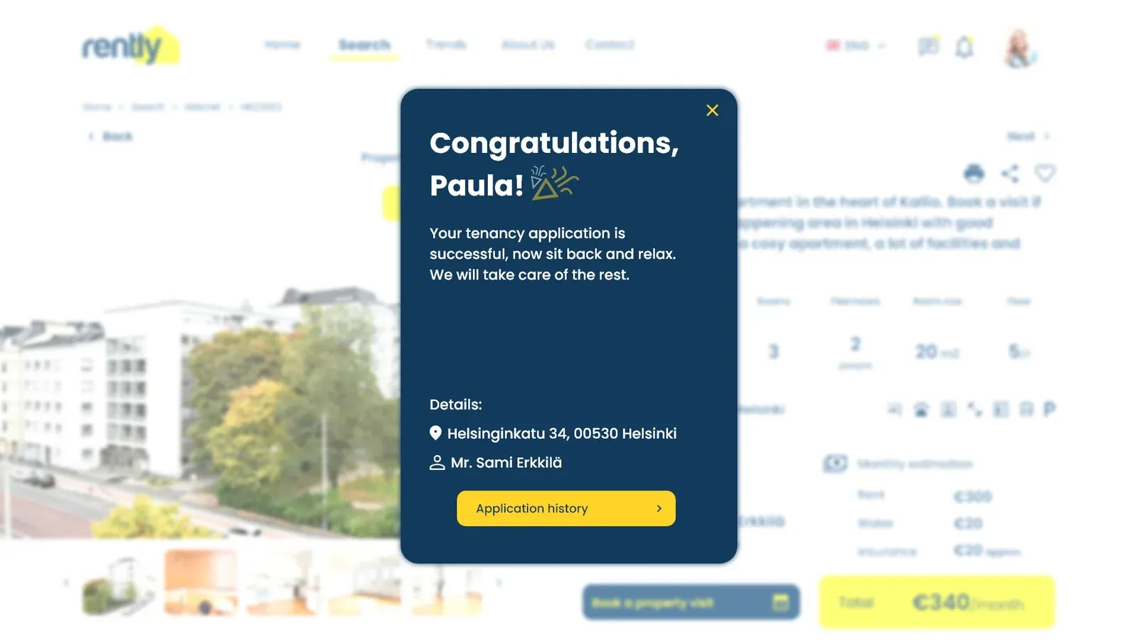 A confirmation that the tenancy application was successful