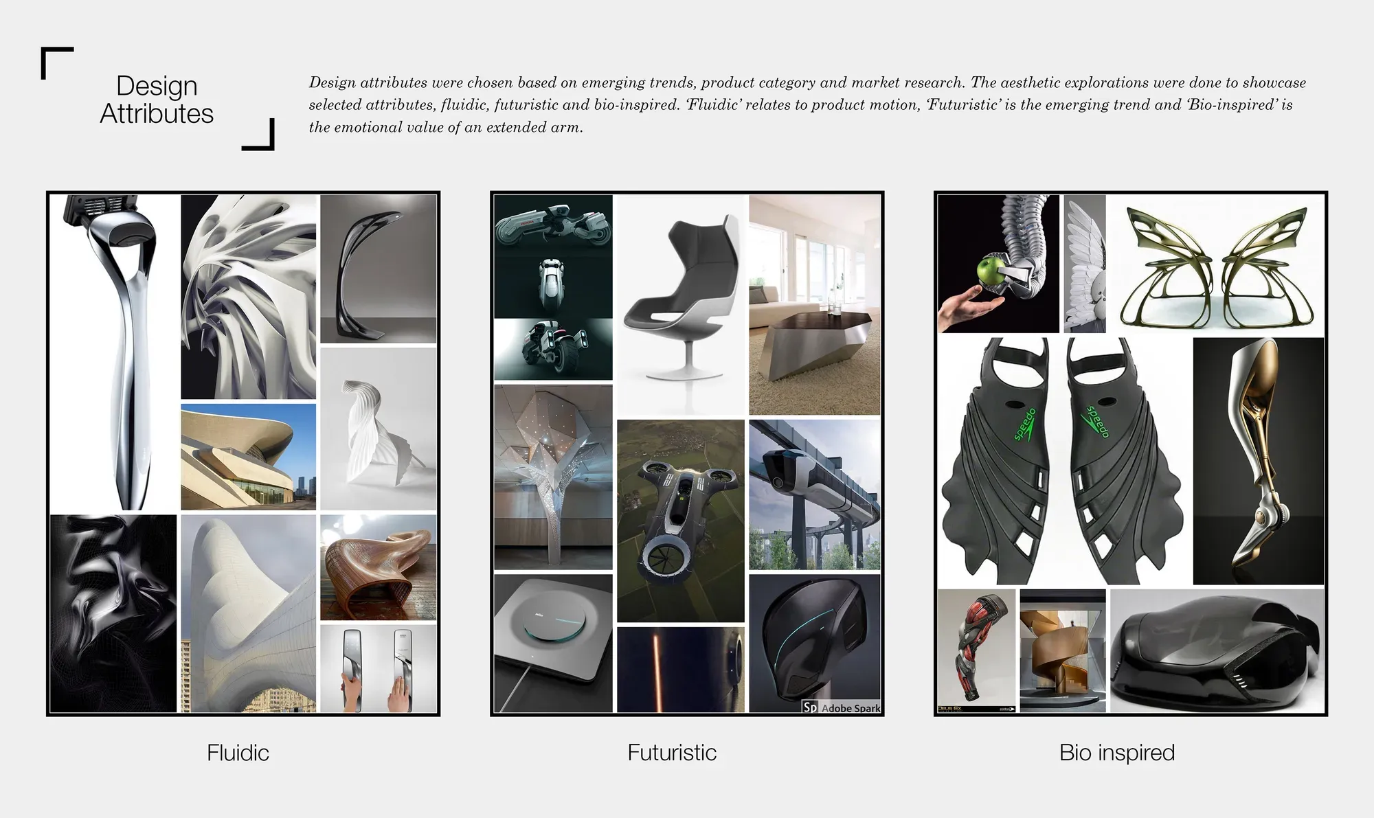 Three mood boards for fluidic, futuristic and bio-inspired design attributes
