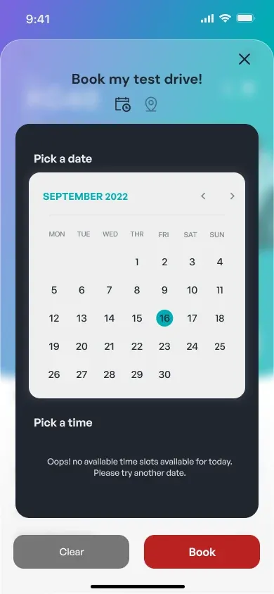 Book my test drive: pick a date and a time