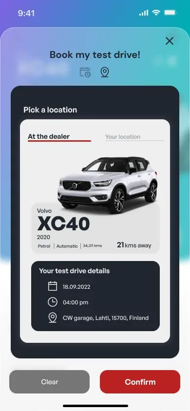 Book my test drive: pick a location, at the dealer or your own
