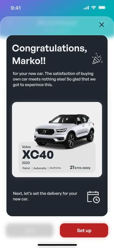 Congratulations on your new car, with a prompt to set up the delivery