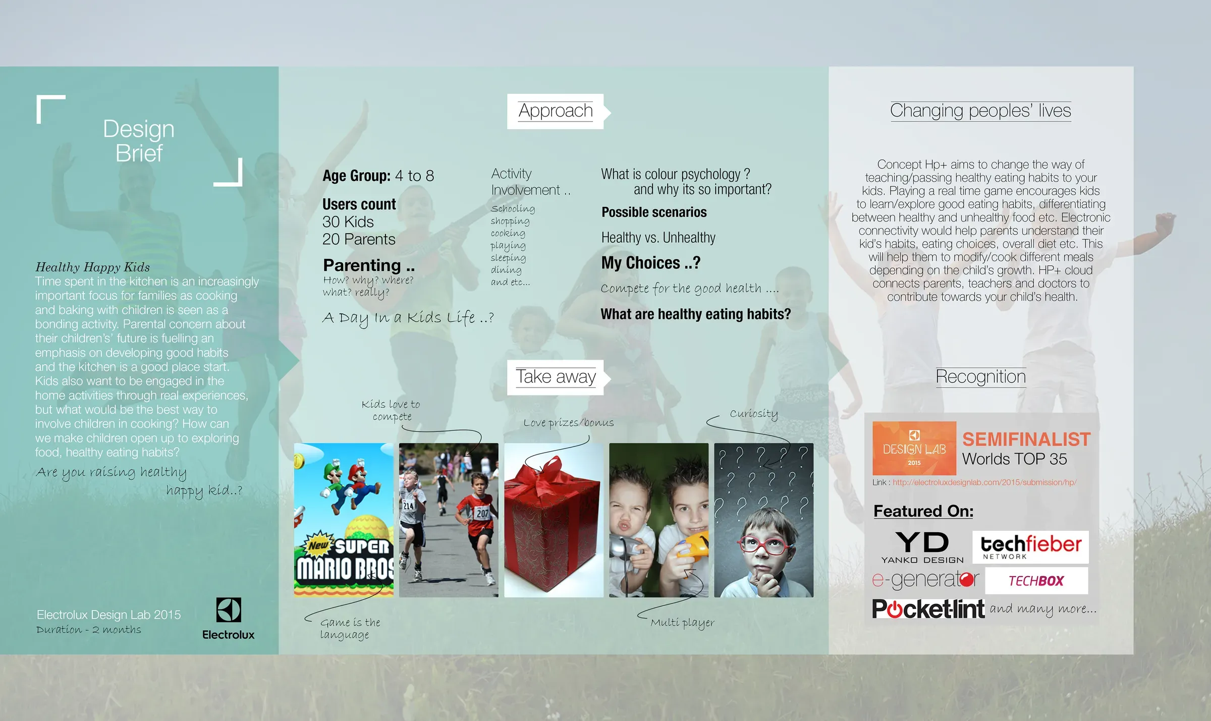 The HP+ design brief slide with the approach, take-aways and recognition
