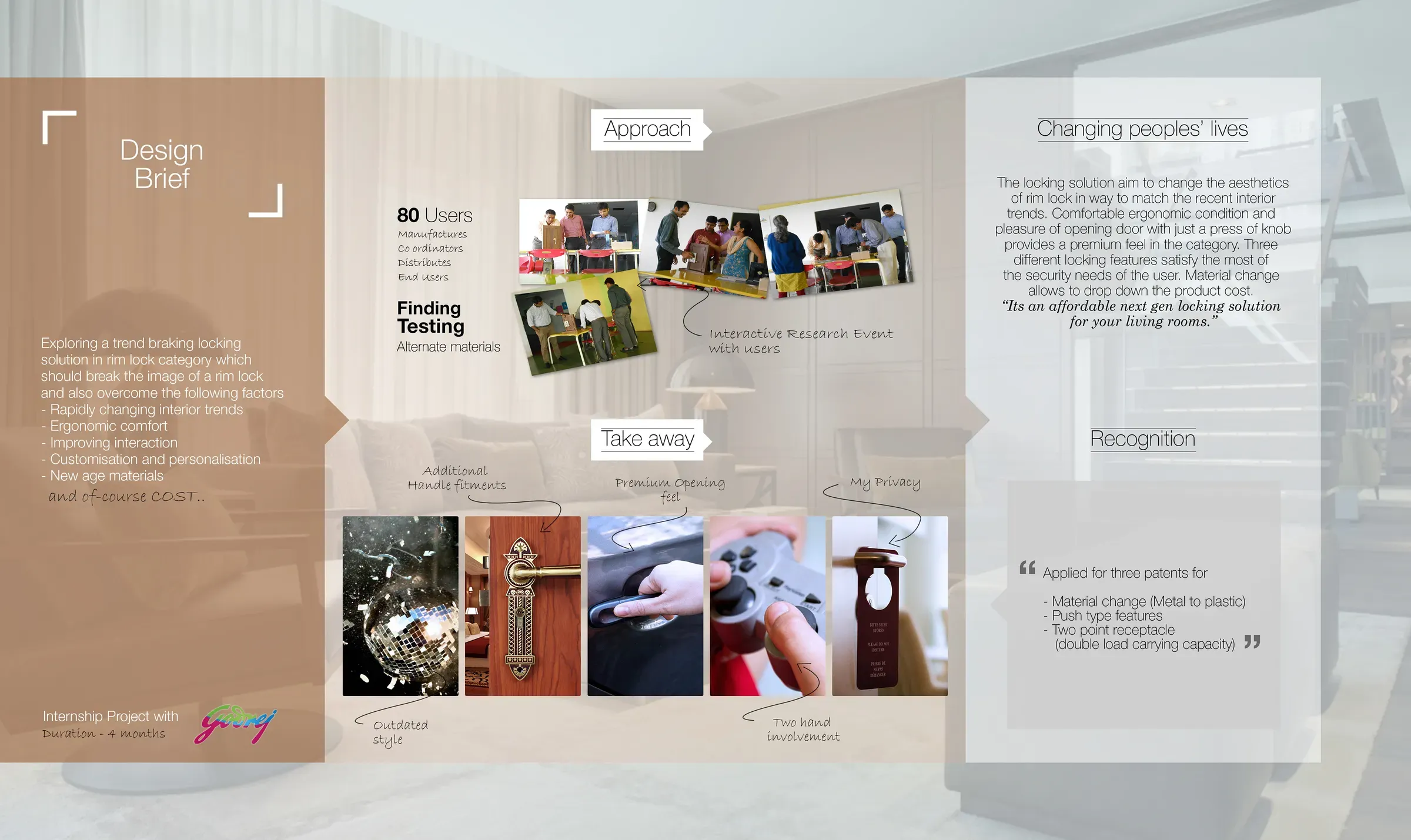 The design brief slide with 80 users, an interactive research event and take-aways on handles, opening feel and privacy