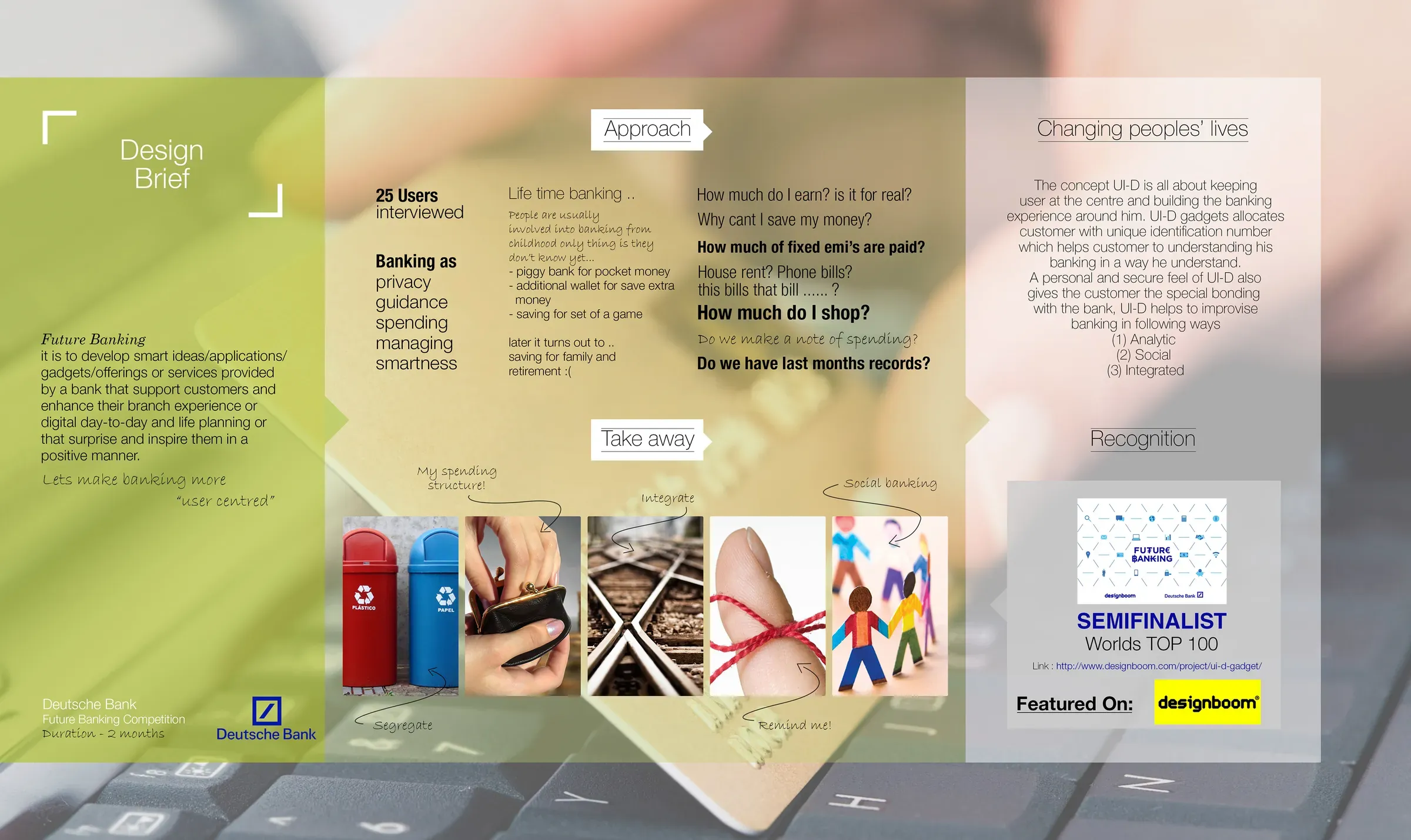 The design brief with questions from 25 users and take-aways on segregating, integrating, reminding and social banking