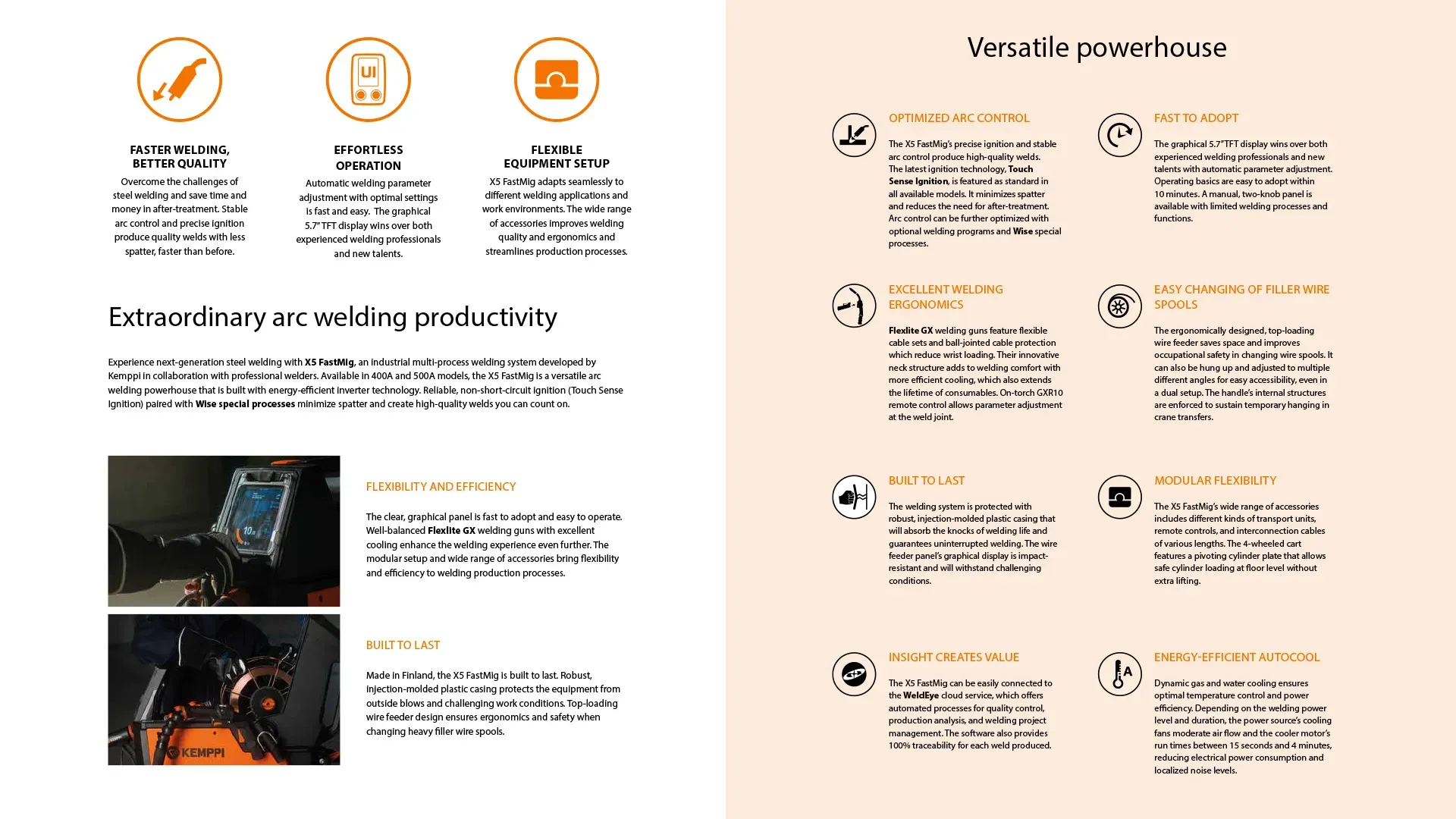 Kemppi brochure overview page of the X5 FastMig with its main features
