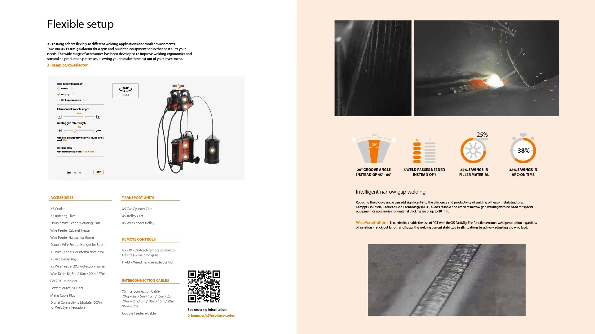 Kemppi brochure page about flexible setup, with the X5 selector and a list of accessories