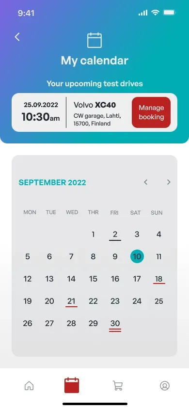 My calendar with the upcoming test drive and a manage booking button