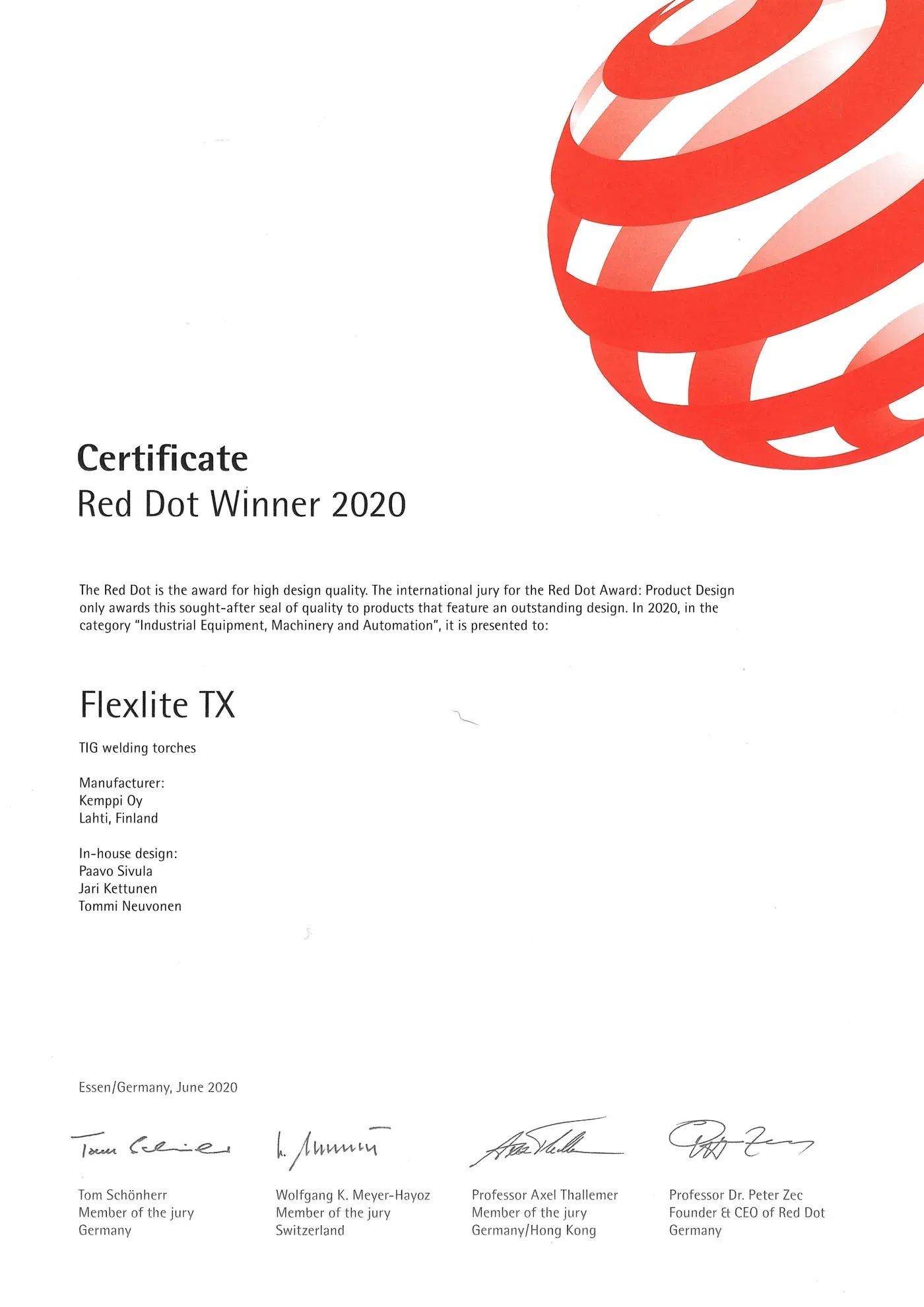 Red Dot Winner 2020 certificate for the Flexlite TX TIG welding torch, made by Kemppi Oy