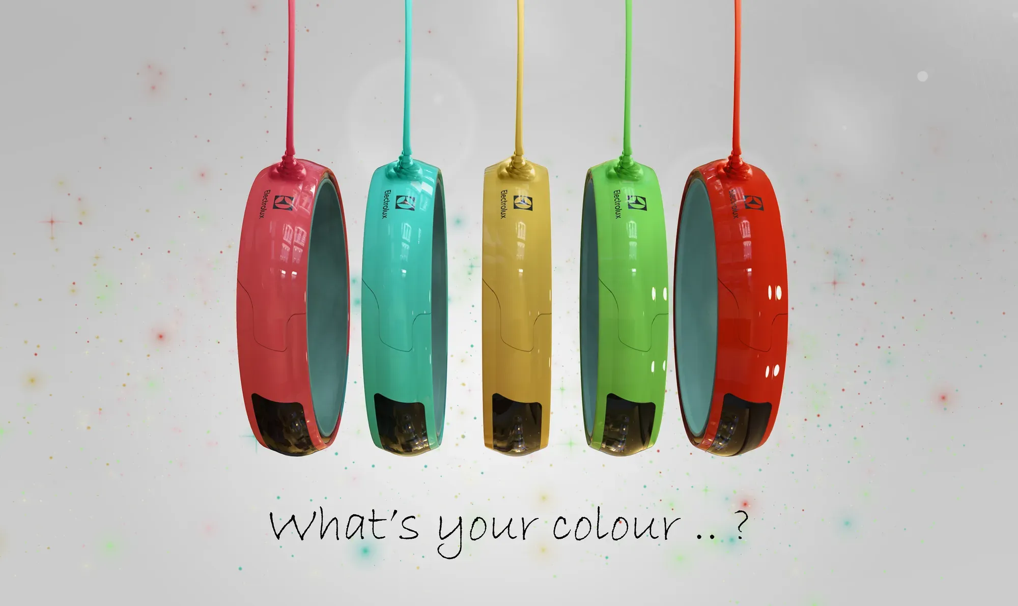 Five HP+ bands in red, teal, yellow, green and red hanging from cords