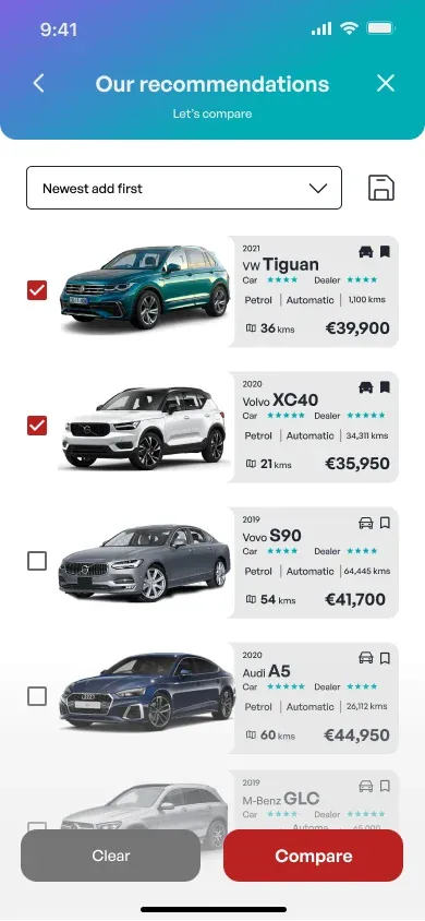 The recommendations with two cars selected to compare