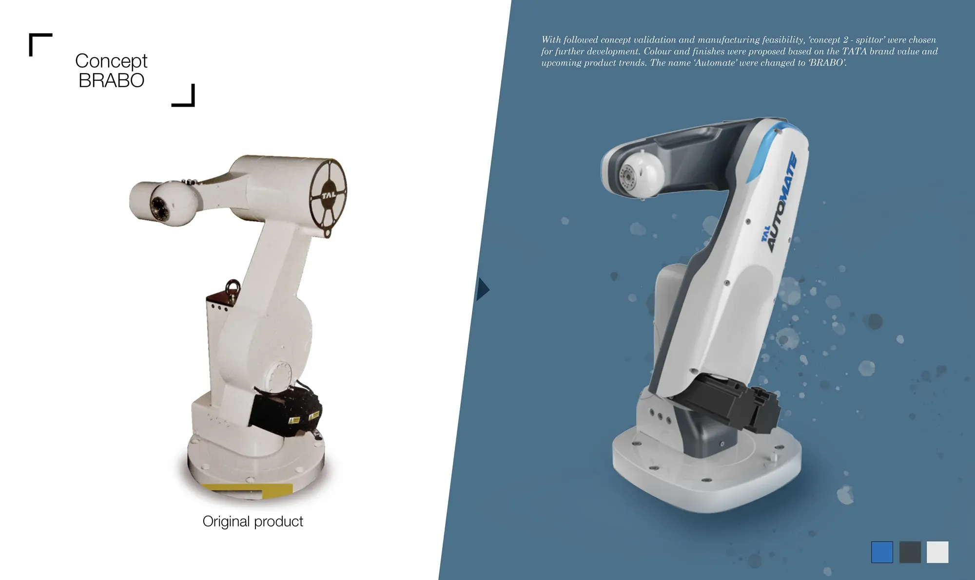The original robot arm beside the redesigned concept in white, grey and blue