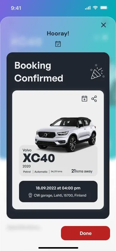Booking confirmed, with the car and the time
