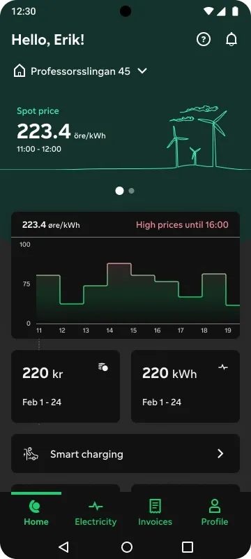 Home screen in dark mode