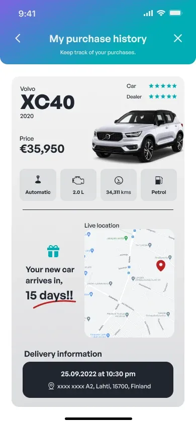 My purchase history with a live location map and days until arrival