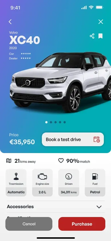 A Volvo XC40 detail screen with distance, match and a book a test drive button
