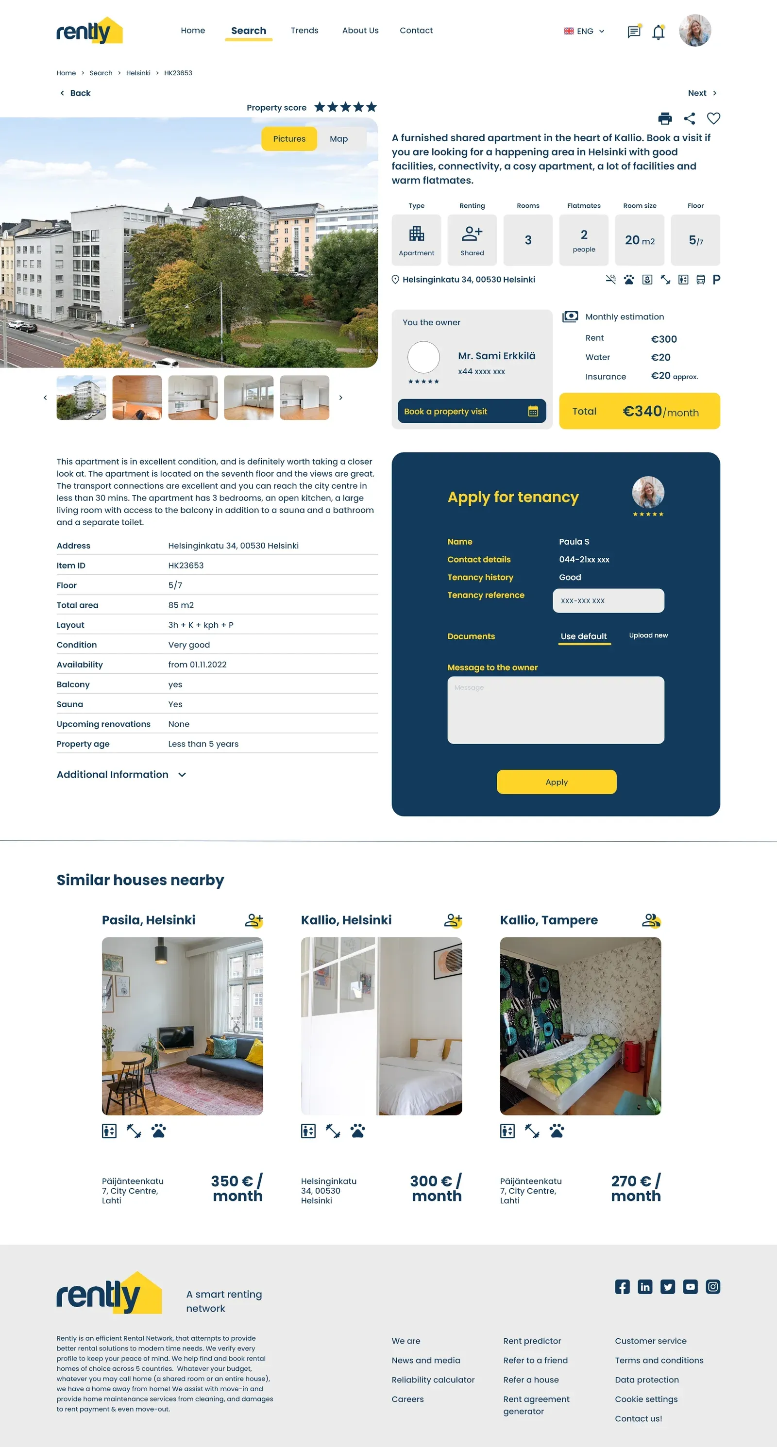 A property page with details, similar houses nearby, and an apply for tenancy panel