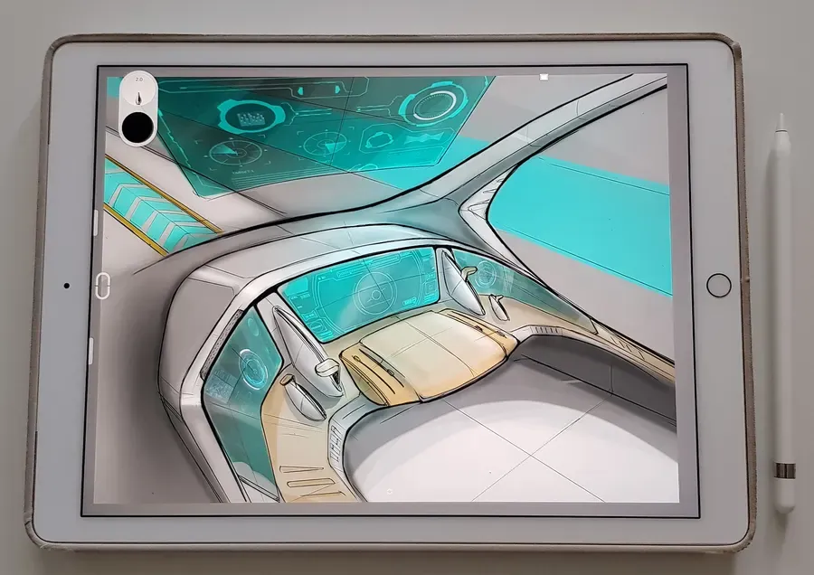 Digital sketch of a car interior drawn on a tablet
