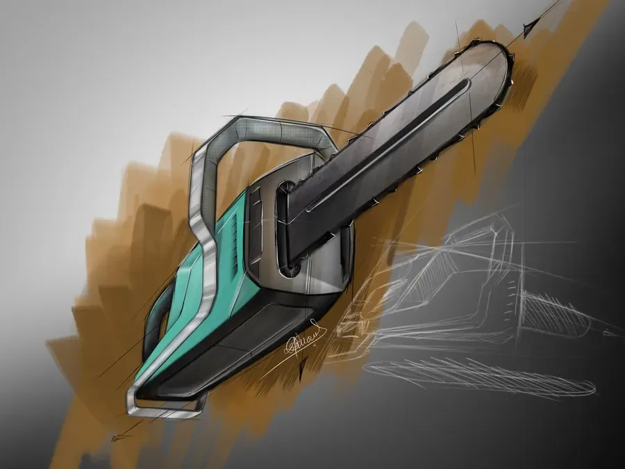 Digital sketch of a chainsaw concept in teal and black