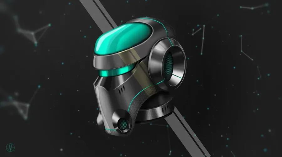 Digital rendering of a helmet-like device with teal glass