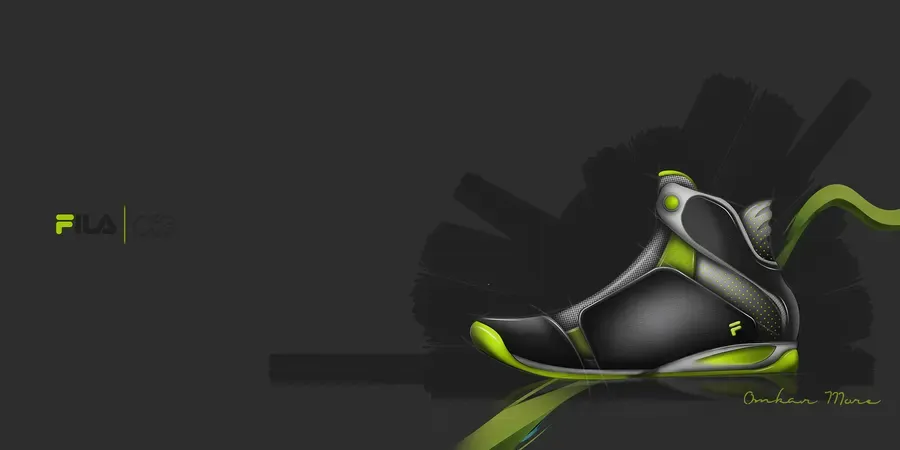Digital rendering of a black and lime sports shoe
