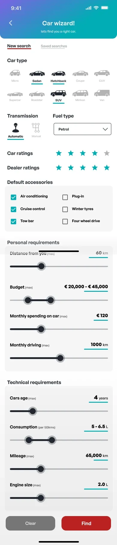 The car wizard form with filters for car type, ratings, accessories and budget
