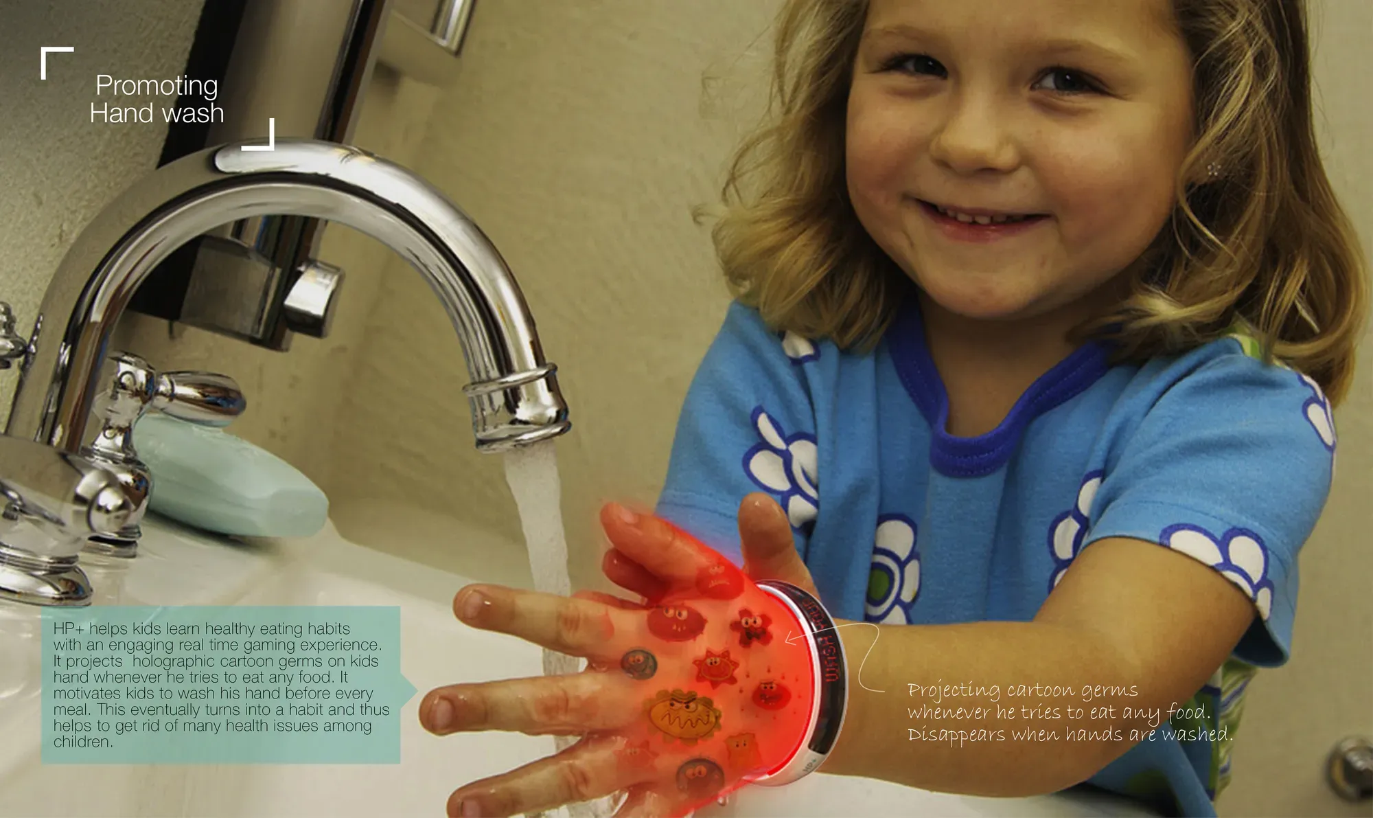 A girl washing her hands with holographic germs projected on her hand