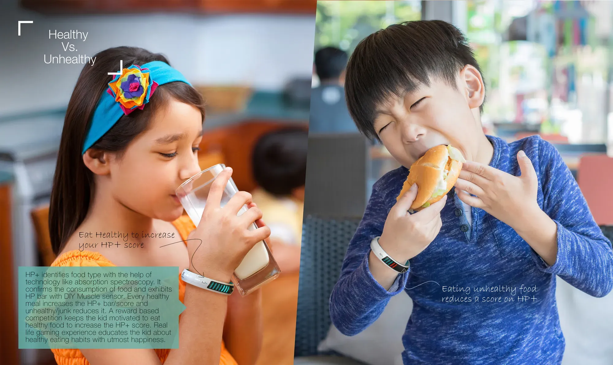 A girl drinking milk and a boy eating a burger, both wearing the HP+ band