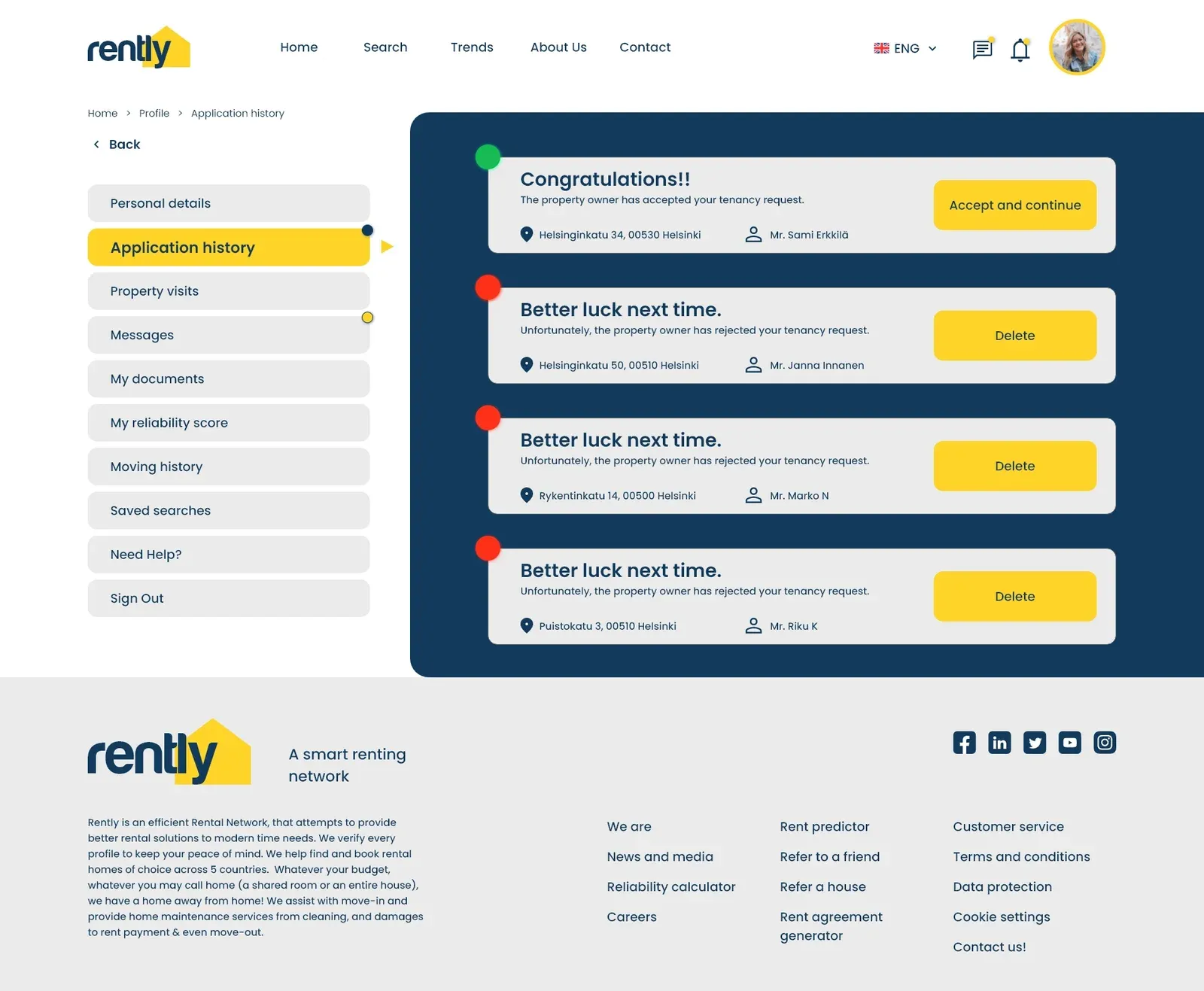 Application history with accepted and declined applications