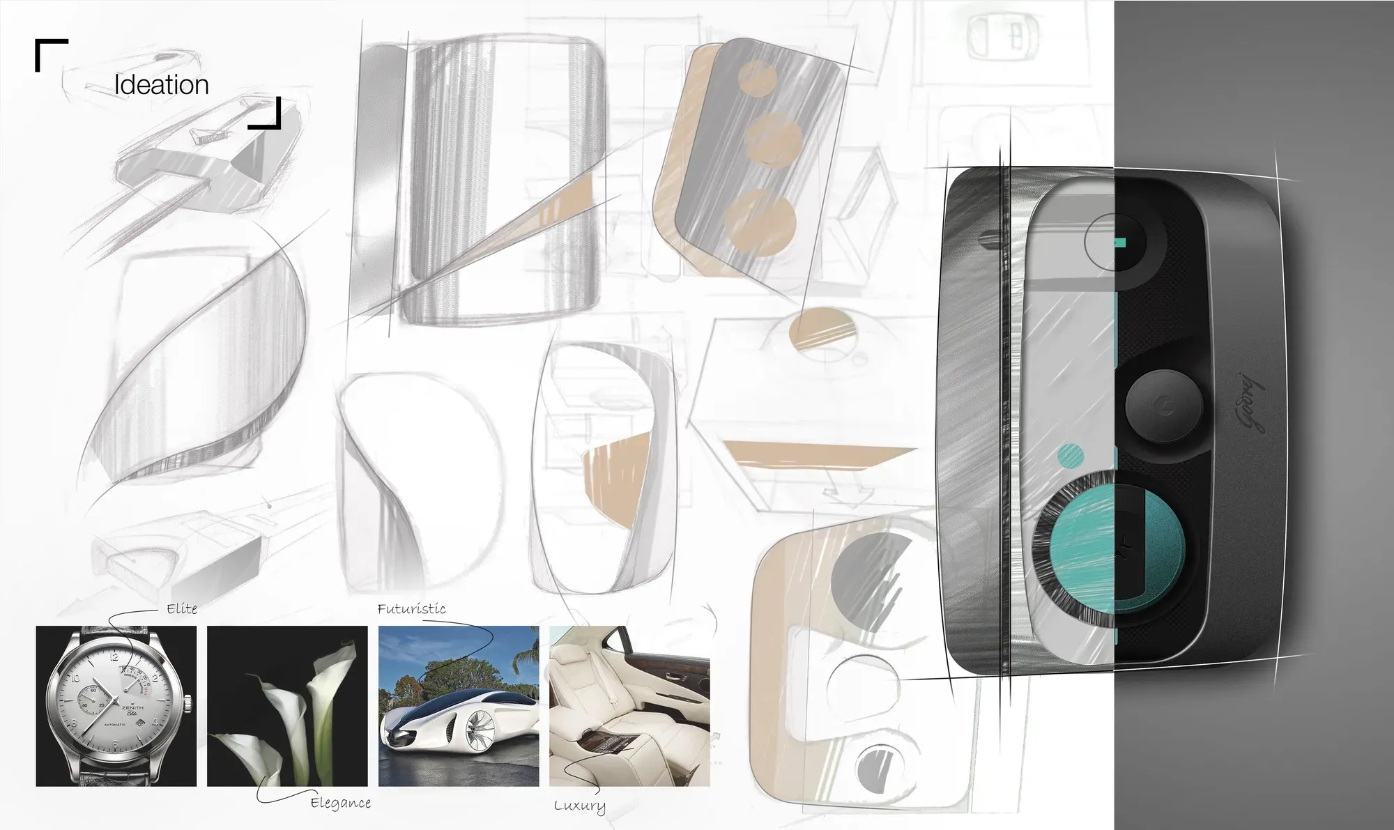 Sketches of lock designs beside a render and mood images for elite, futuristic, elegance and luxury