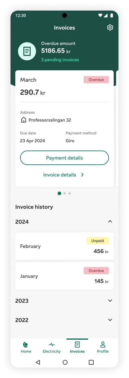 Money Matters: Invoices screen