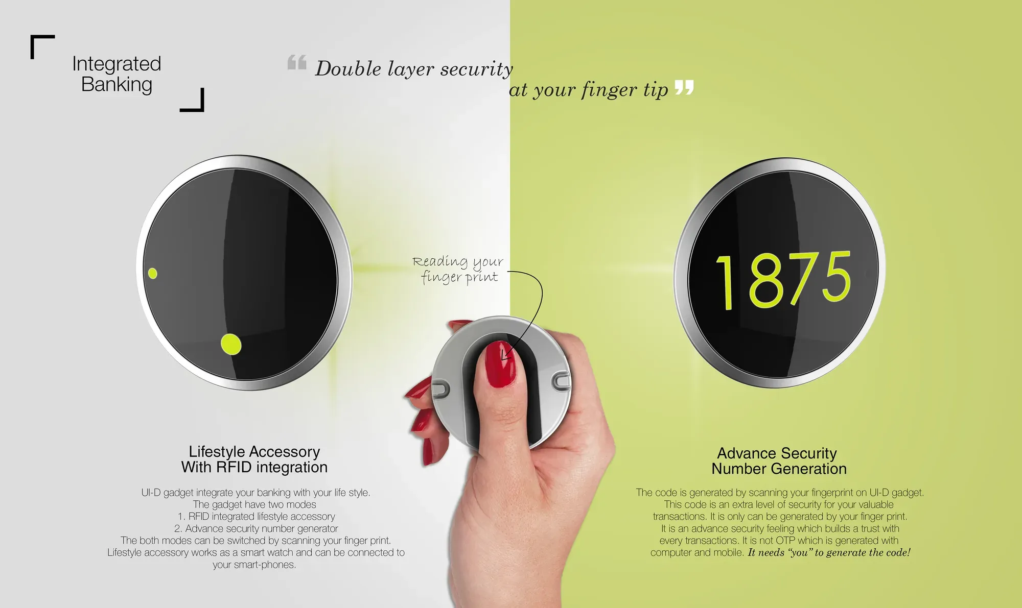 The gadget reading a fingertip, and showing a four digit security code