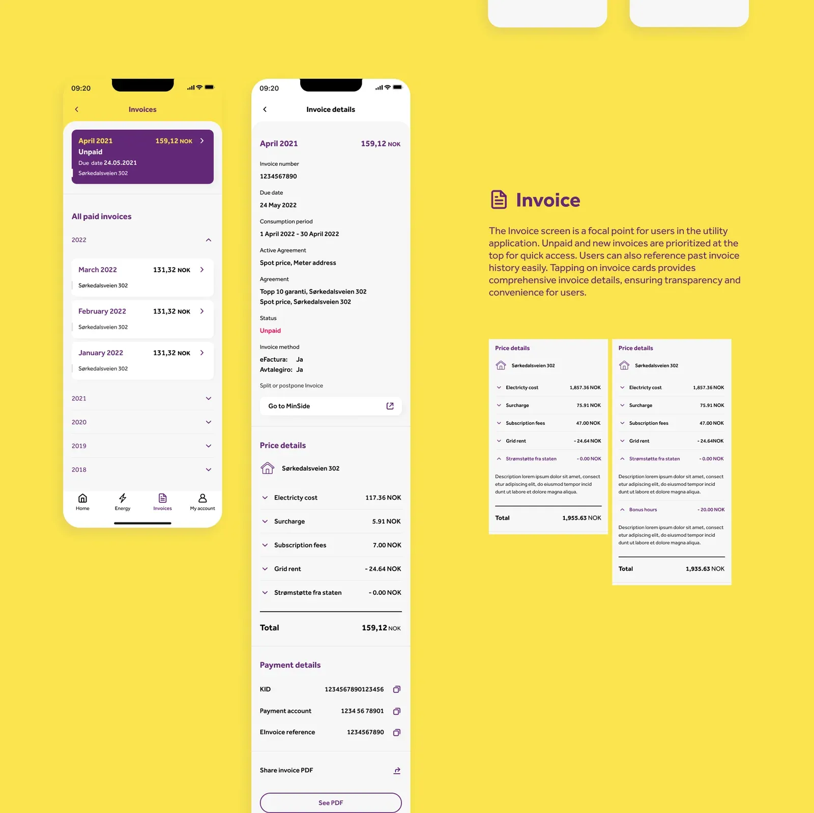 The invoice list and invoice details screens, with annotations