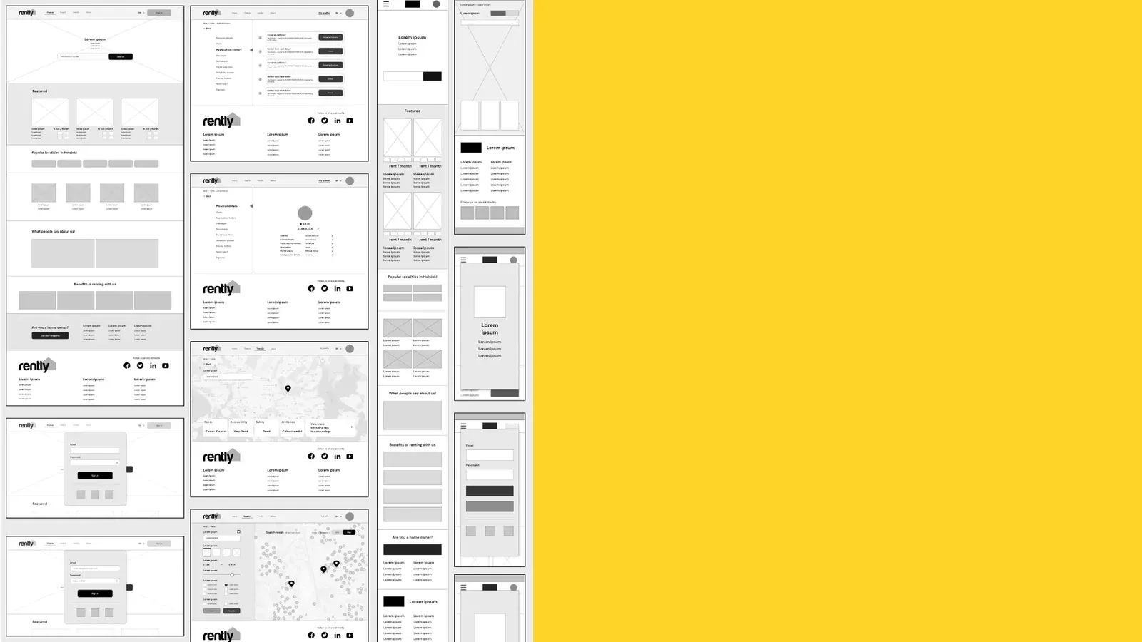 Low-fidelity wireframes of the website screens