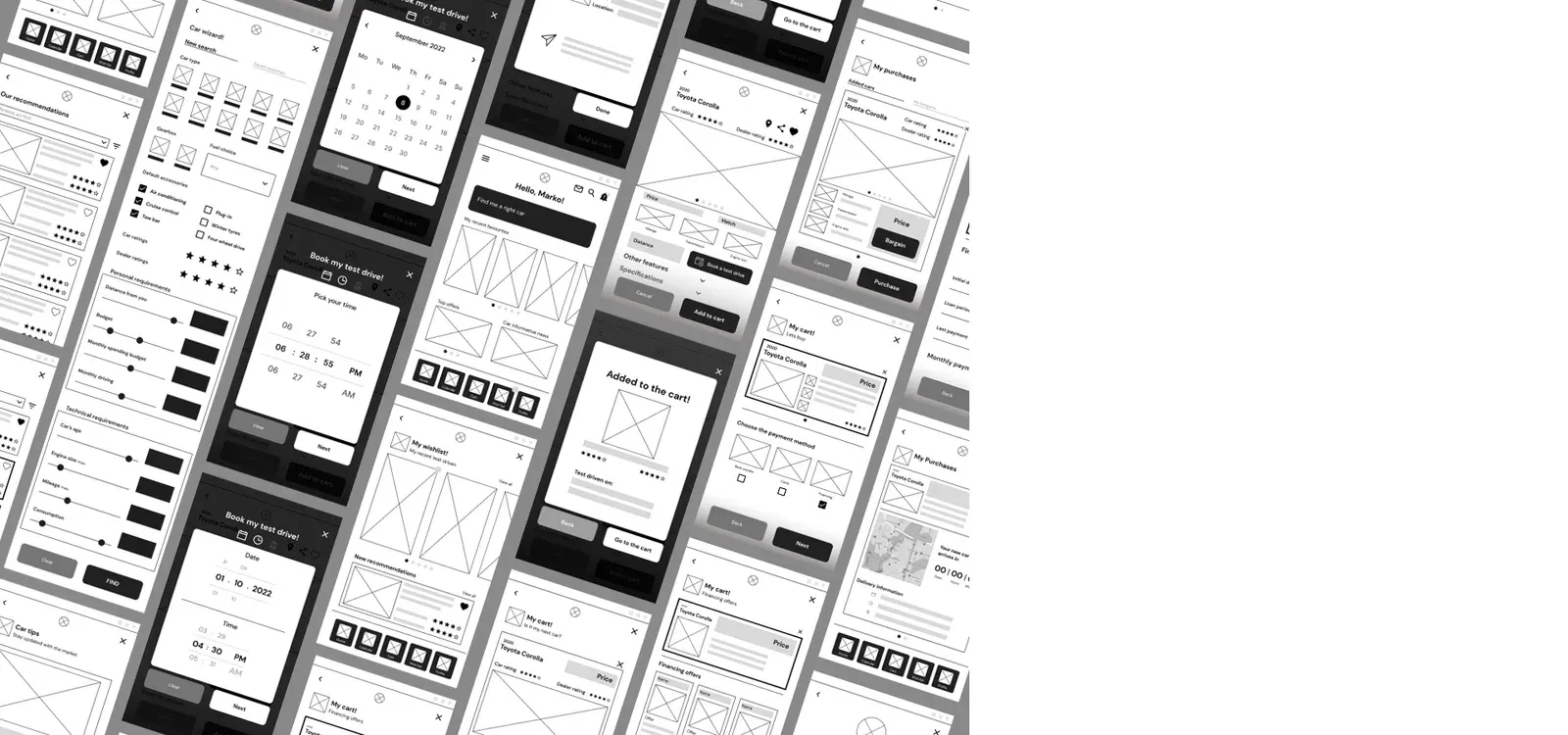 Low-fidelity wireframes of the app screens, set in a tilted grid
