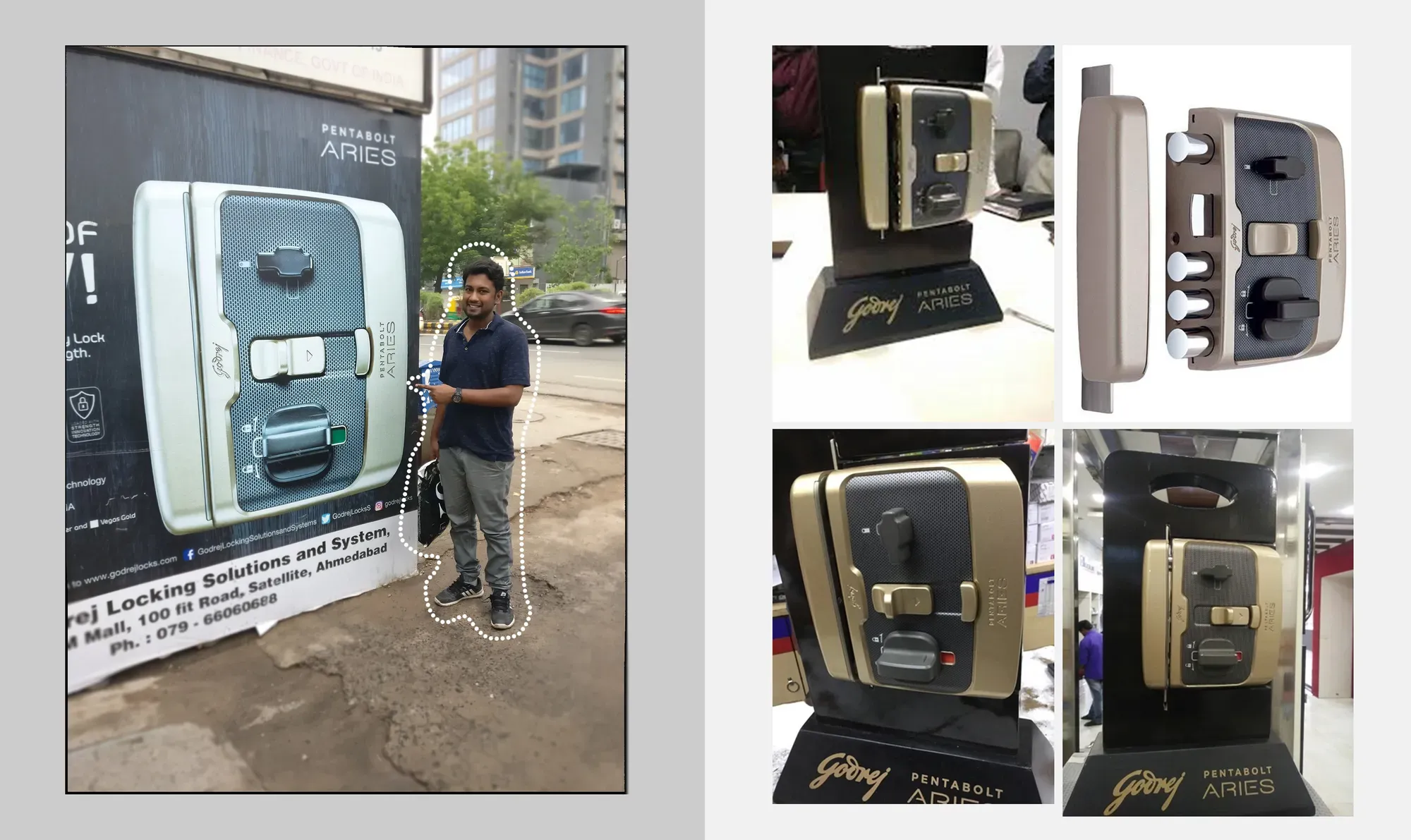 A billboard for Pentabolt Aries and four shop displays with the lock