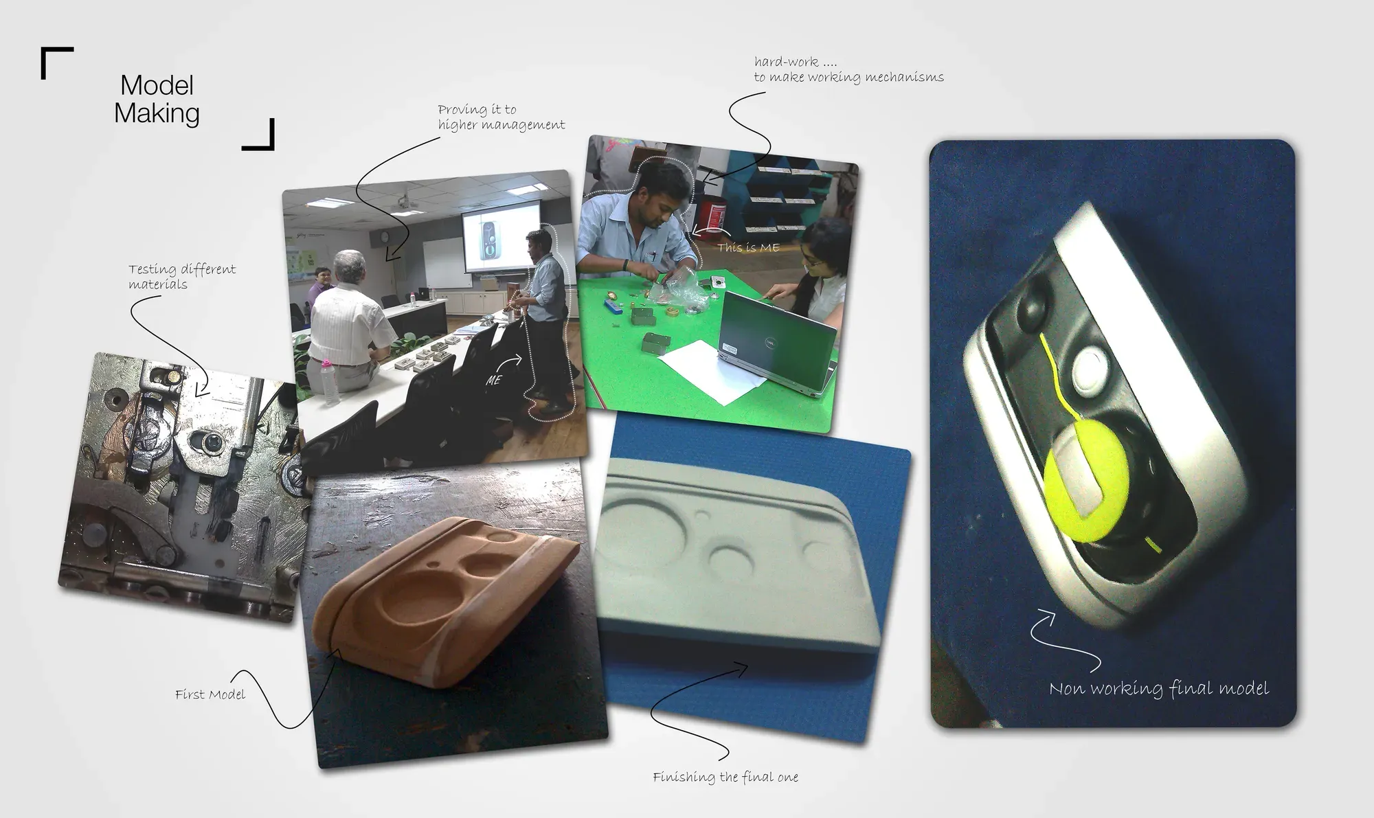 Photos of model making: material tests, a first model, a working mechanism and a final non-working model