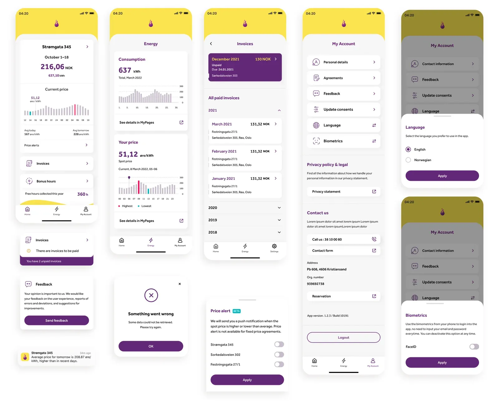 The MVP screens: home, energy, invoices and my account, with price alert and feedback dialogs