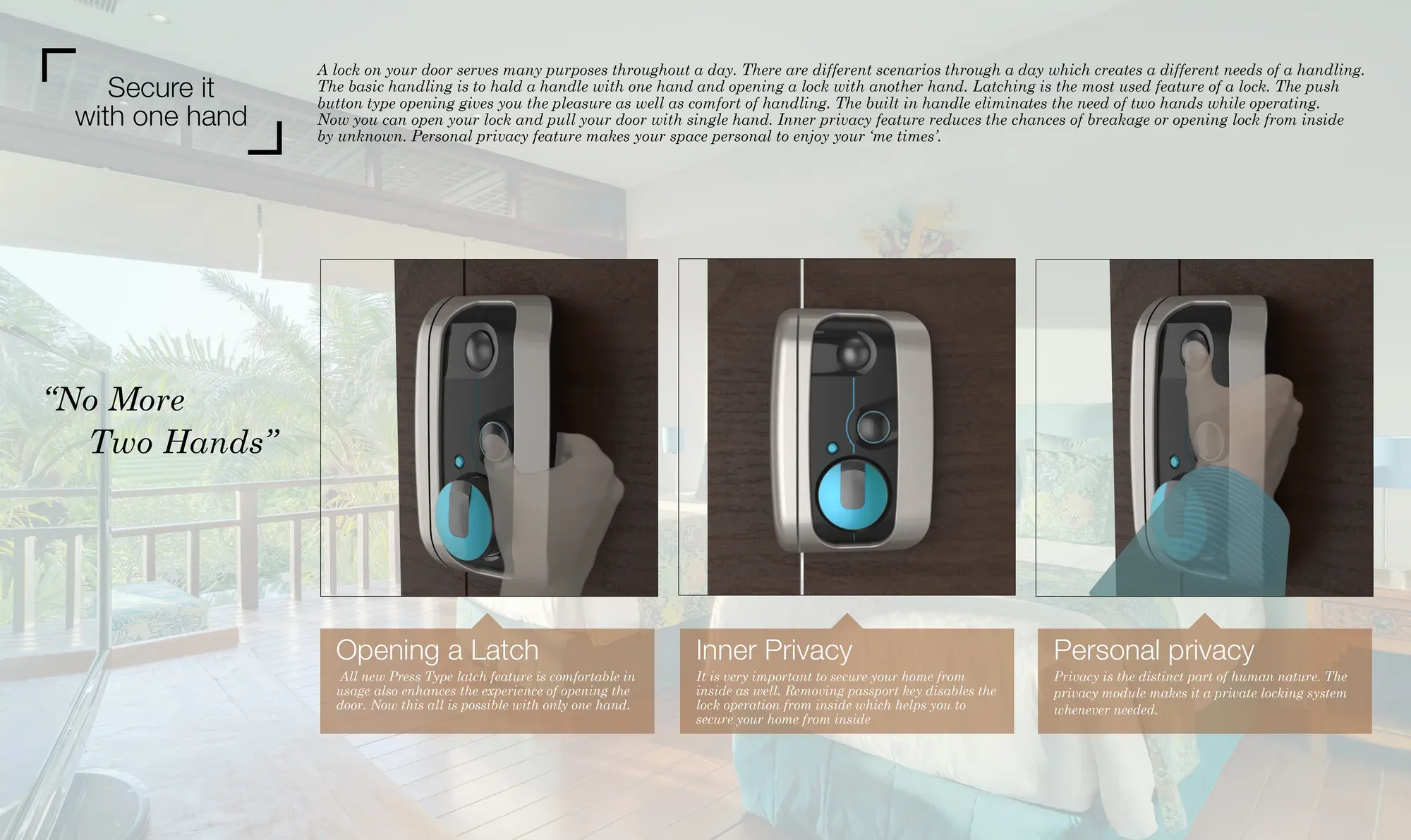 Three views of the lock: opening a latch, inner privacy and personal privacy, with a hand using each