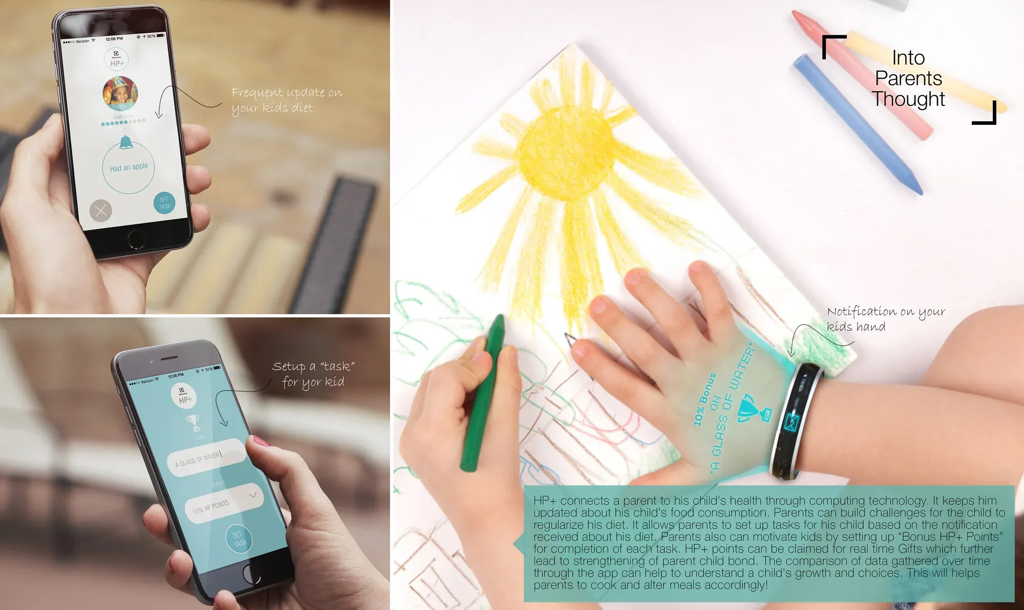 Phone screens of the HP+ app and a child with a notification projected on the hand