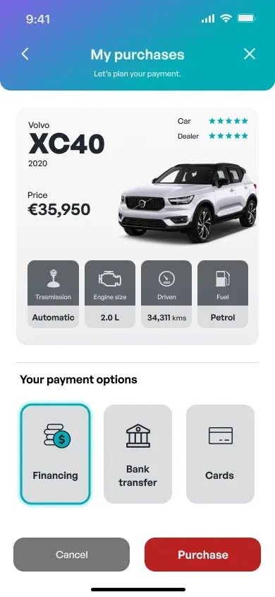 My purchases: payment options of financing, bank transfer and cards