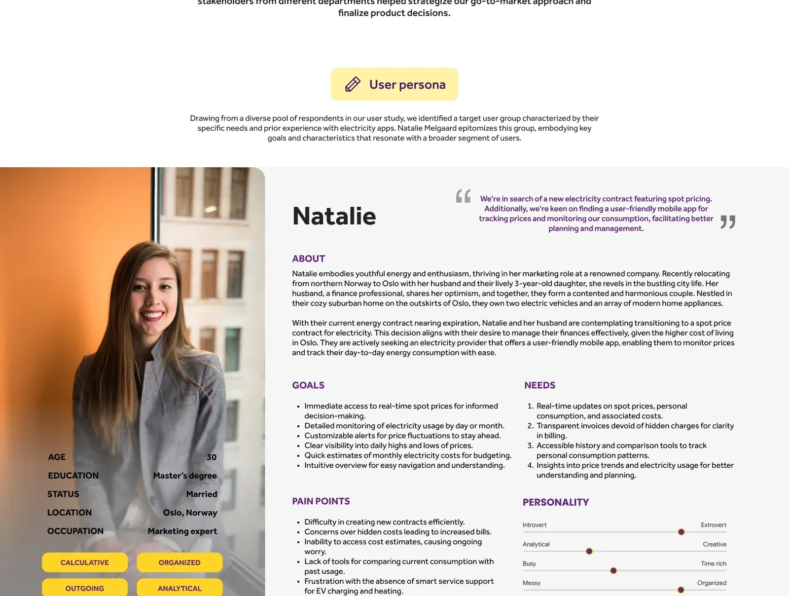 The persona slide for Natalie Melgaard, with goals, needs and pain points