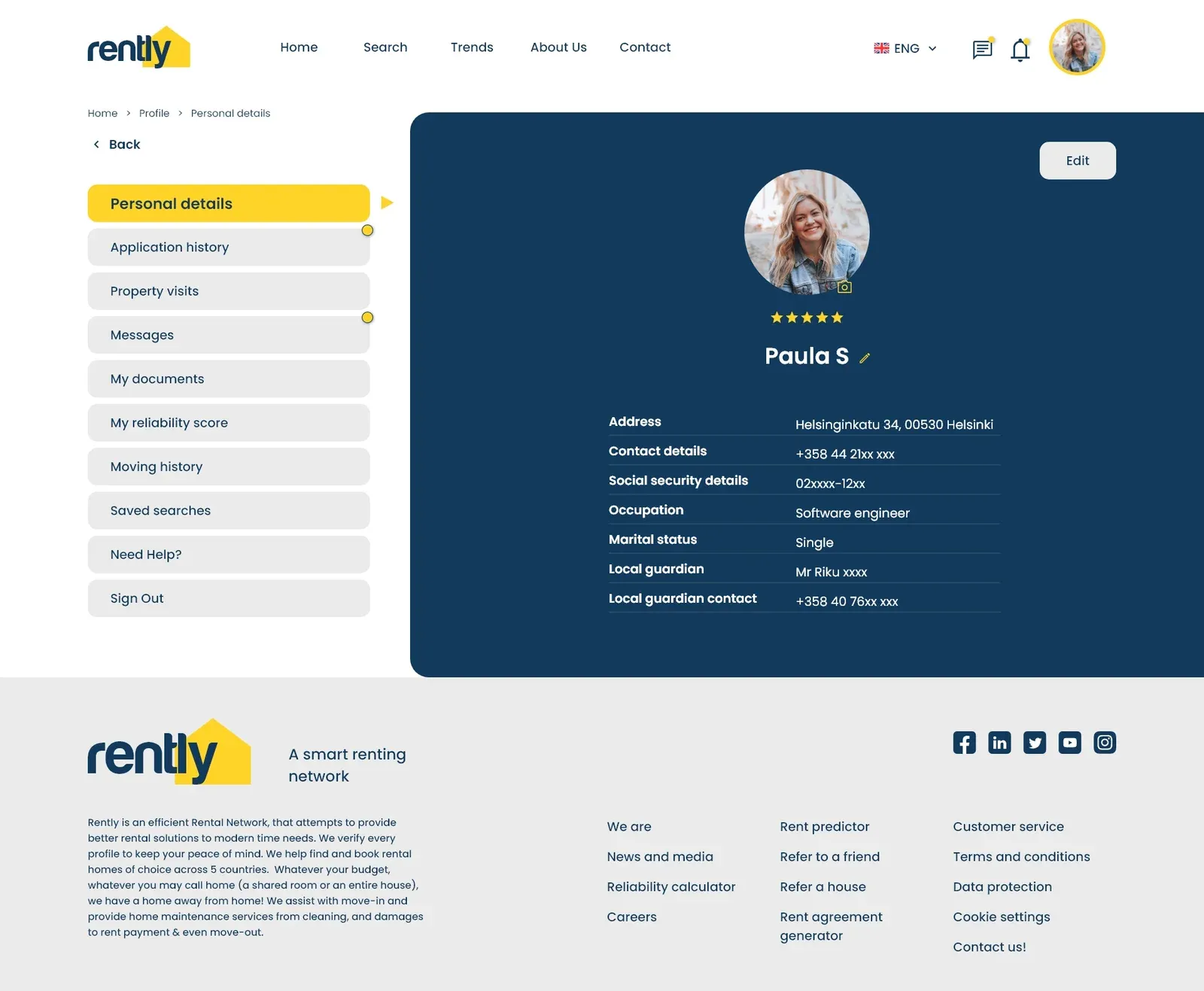 A profile with personal details and a reliability rating