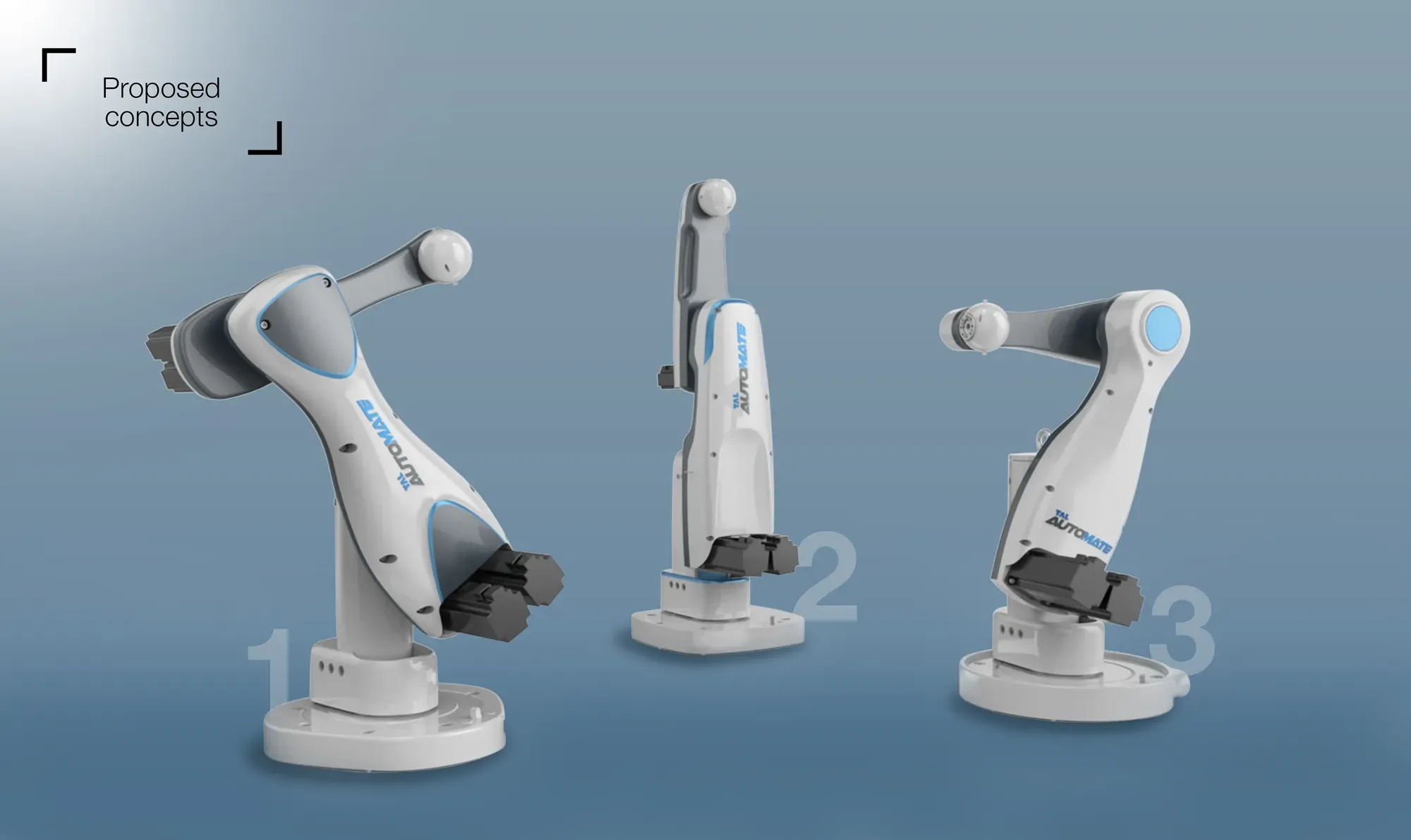 Three proposed robot arm concepts in blue