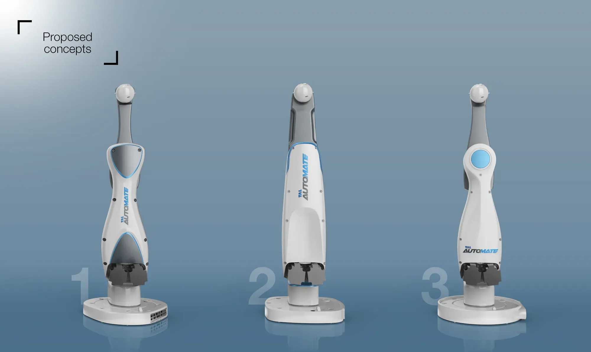 Three proposed robot arm concepts standing upright