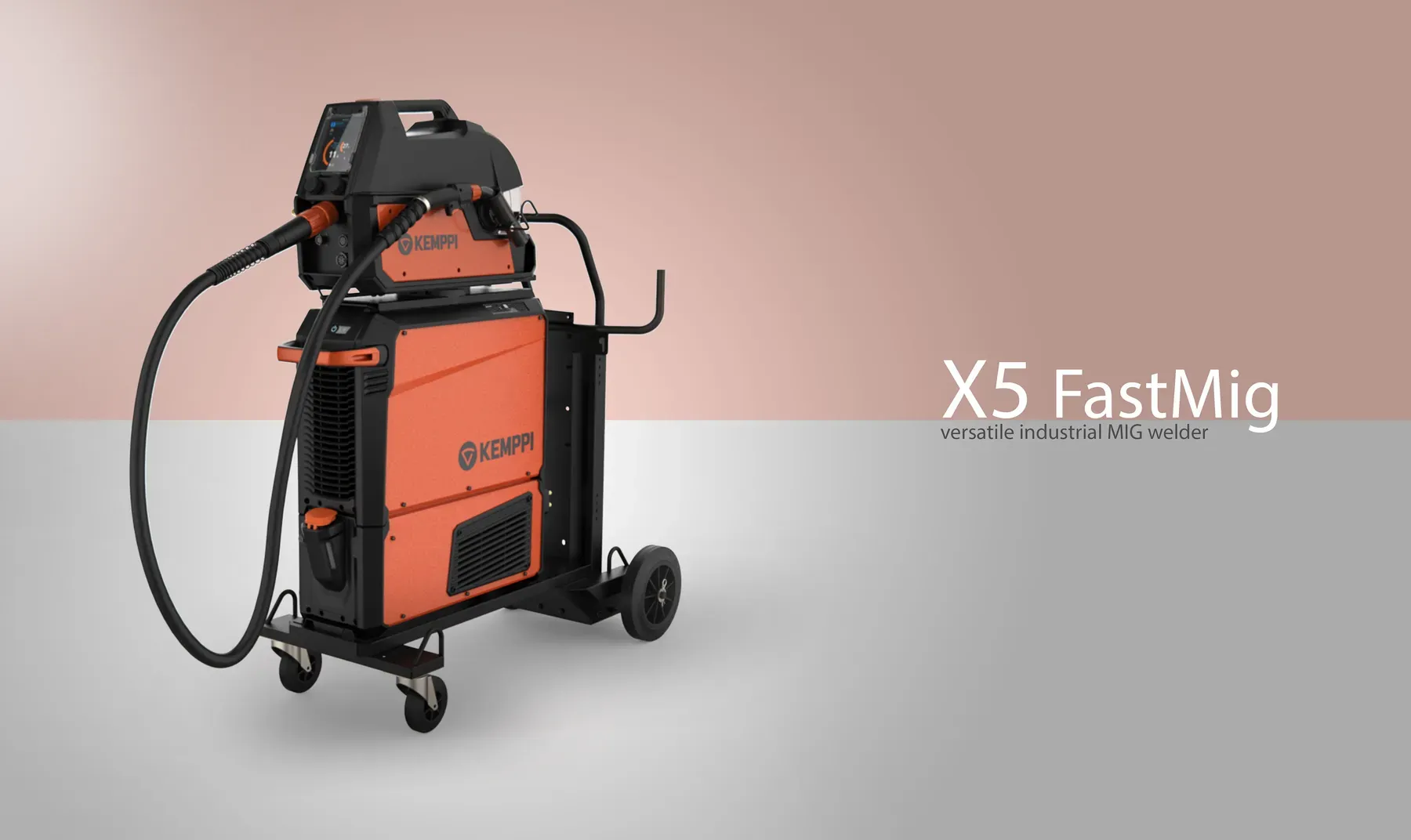 A render of the X5 FastMig power source and wire feeder on a trolley