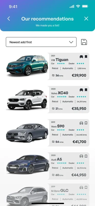 A list of recommended cars with prices and ratings