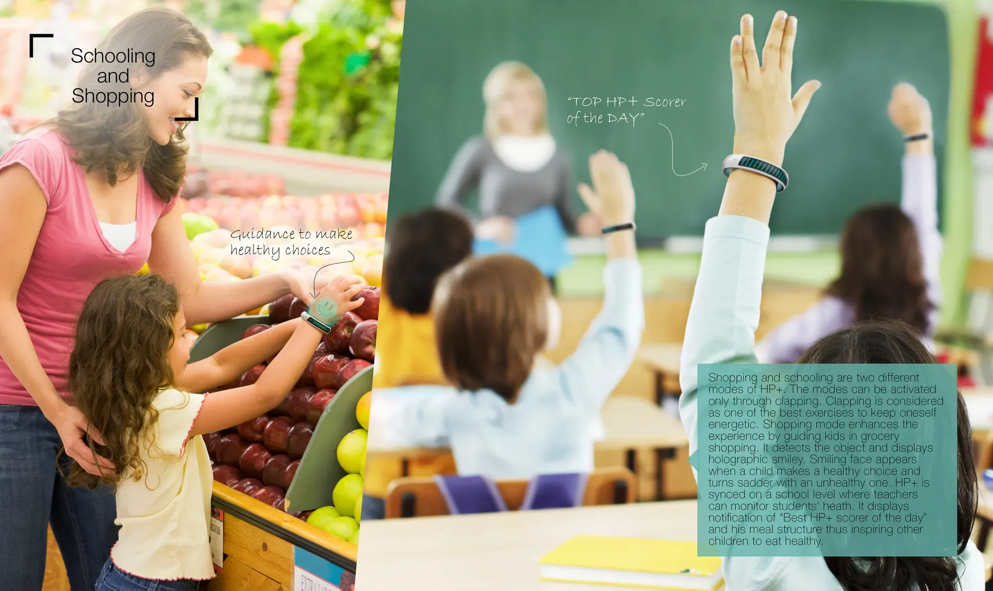 A mother shopping with her daughter, and a classroom of children wearing HP+ bands