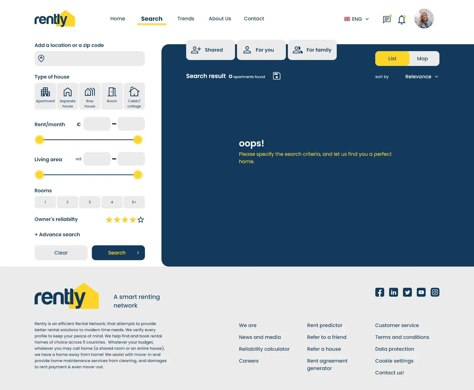 The search screen asking for search criteria before showing results