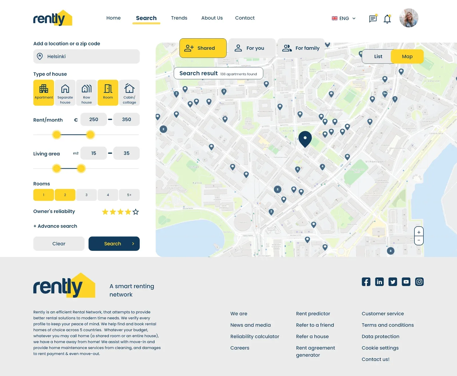 Search results on a map